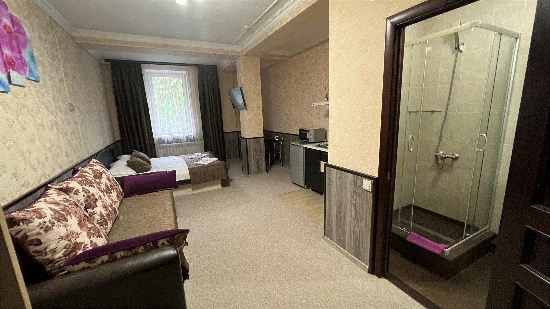 Студия трехместная с двуспальной кроватью и диваном