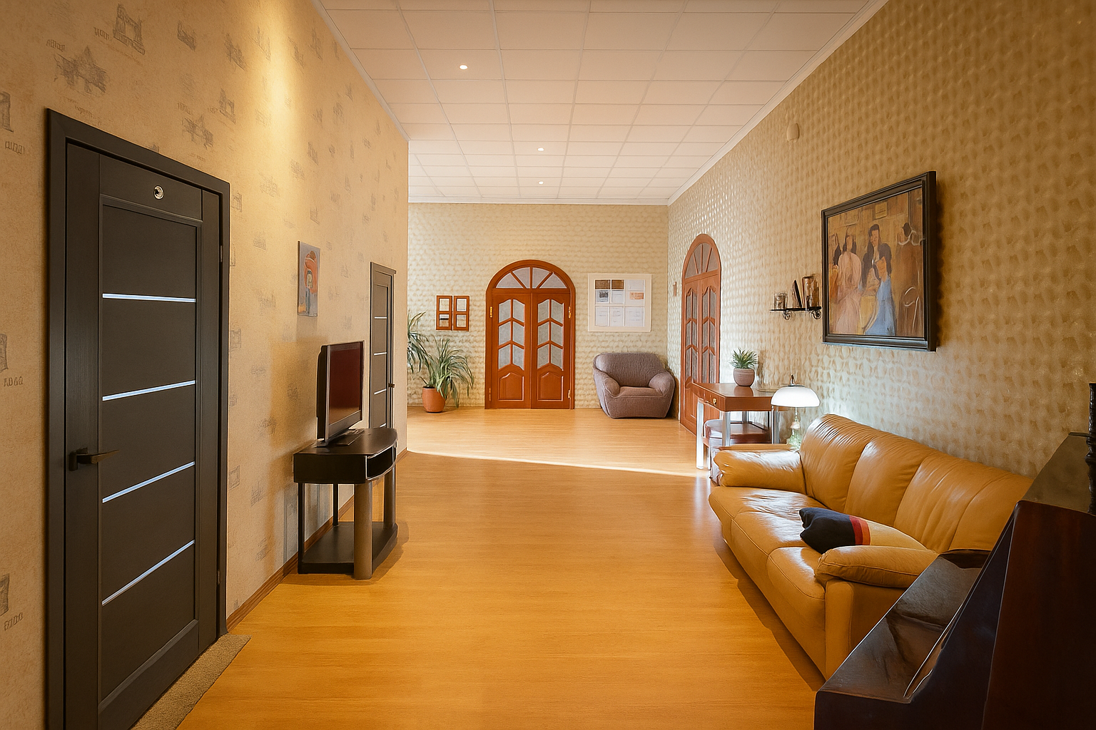 Часть жилого дома с отдельным входом, тремя комфортабельными номерами с душем и туалетом в каждом, гостиной, кухней и гаражом на 4 автомобиля. (без "вечеринок"!)