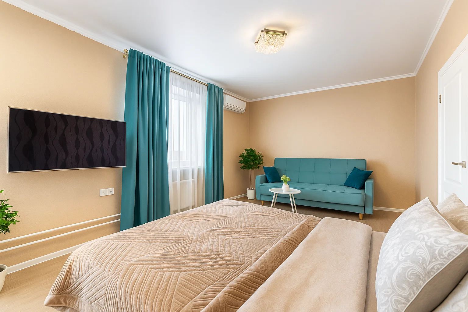 2 спальни у аквапарка, центра и набережной, с приставкой+ смарт-ТВ БЕЖЕВАЯ