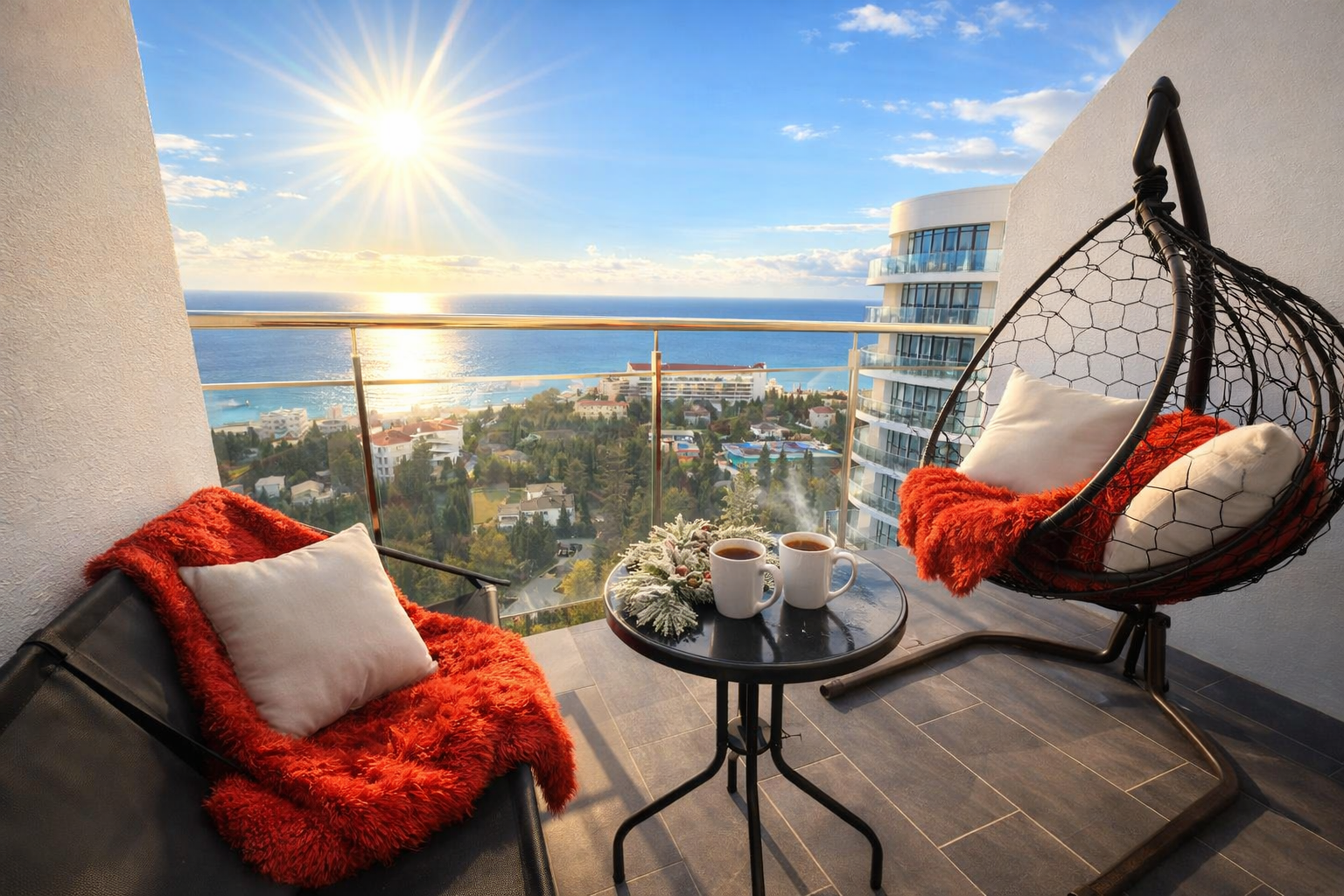 Дизайнерская студия  LS LUX- FLY BLUE LIGHT в Алуште - прямой вид на море с 16 этажа