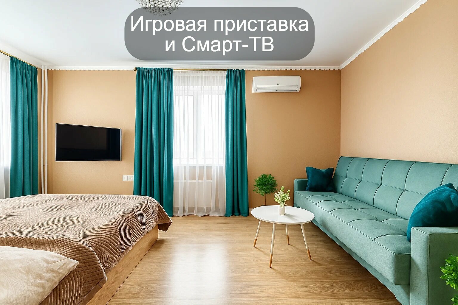 2 спальни у аквапарка, центра и набережной, с приставкой+ смарт-ТВ БЕЖЕВАЯ