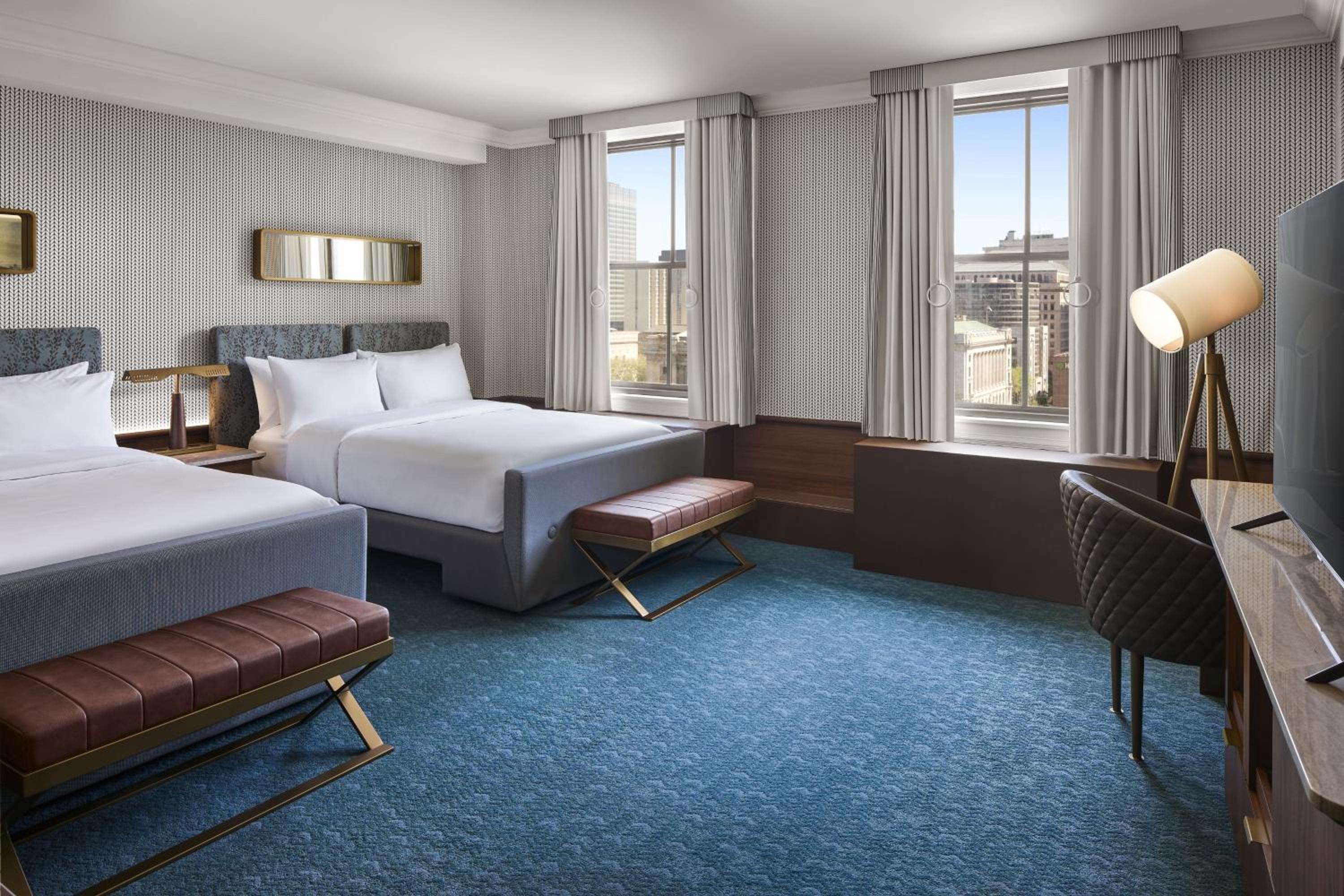 Queen Room with Two Queen Beds and Public Square View - Mobility Accessible w/Roll In Shower