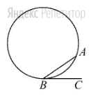 На окружности отмечены точки ... и ... так, что меньшая
дуга ... равна ... Прямая ... касается окружности
в точке ... так, что угол ... острый.