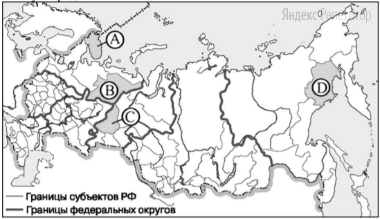 Какой из регионов, обозначенных буквами на карте России, имеет
наибольшую среднюю плотность населения?