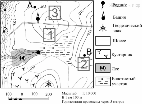 Определите, какой из участков, обозначенных на карте цифрами 1, 2 и 3, больше всего отвечает указанным требованиям. 