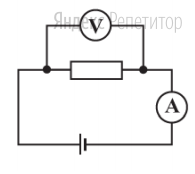 В электрической цепи, схема которой изображена на рисунке, измерительные
приборы идеальные, вольтметр показывает значение напряжения ... В, а
амперметр – значение силы тока ... А.