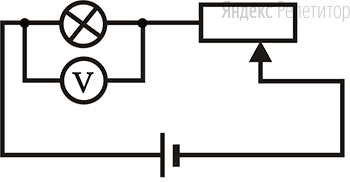 Последовательно с электрической лампой включён реостат. Напряжение на концах цепи ... В, сила тока в цепи ... А. Подключённый к лампе вольтметр показывает ... В.