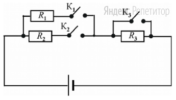 На рисунке изображена схема электрической цепи, состоящей из трёх резисторов, источника постоянного напряжения и трёх ключей ... и .... Сопротивления резисторов: ...