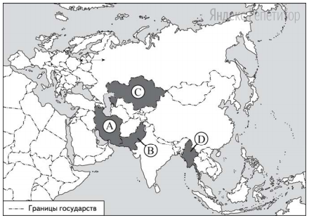 Какой буквой на карте Евразии обозначена территория государства Пакистан?