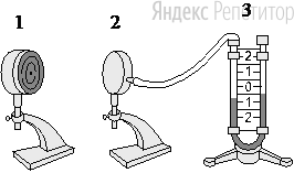 Учитель провёл следующие опыты. Раскалённая плитка (...) размещалась напротив полой цилиндрической закрытой коробки (...), соединённой резиновой трубкой с коленом ...-образного манометра (...). Первоначально жидкость в коленах манометра находилась на одном уровне. Одно из оснований металлической коробки покрыто чёрной матовой краской, другое – светлое и блестящее. В первом опыте металлическая коробочка была обращена к раскалённой плитке блестящей стороной, а во втором опыте – чёрной матовой стороной. В обоих опытах через некоторое время после начала наблюдения уровни жидкости в манометре изменились (см. рисунки).