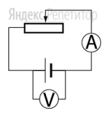 Как изменятся показания амперметра и вольтметра в схеме, изображенной на
рисунке, если движок реостата переместить влево? 