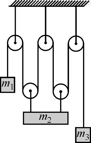 В системе, изображённой на рисунке, трения нет, блоки невесомы, нити невесомы и нерастяжимы, их участки, не лежащие на блоках, вертикальны, массы грузов равны ... кг, ... кг, ... кг. Точки подвеса груза ... – однородной горизонтальной балки – находятся на равных расстояниях от её концов. Найдите модуль и направление ускорения груза массой ....

