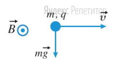 Полый шарик с зарядом ... мкКл и массой ... мг движется со
скоростью ... м/с в однородном магнитном поле с индукцией ... Тл. На
рисунке показаны направления скорости шарика, силы тяжести и вектора
индукции магнитного поля.
