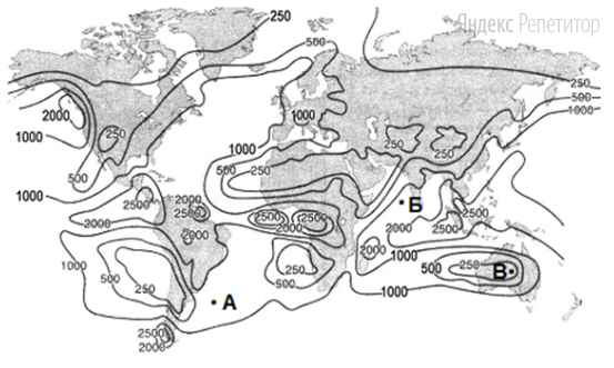 С помощью карты сравните среднегодовое количество атмосферных осадков в
точках, обозначенных на карте буквами А, Б, В.