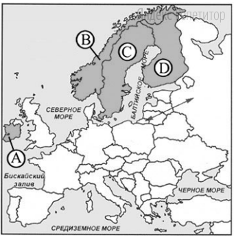 Какой буквой на фрагменте политической карты зарубежной Европы обозначеногосударство Норвегия? A B C D Запишите в поле для ответа номер выбранноговарианта.