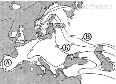 С помощью приведенной ниже карты сравните средние температуры января в точках, обозначенных на карте буквами А, Б, В.