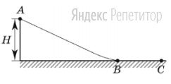 Мальчик на санках спускается с вершины ледяной горы (точки ...) и, проехав после спуска ... м по горизонтальному участку ... останавливается в точке ... (см. рисунок). Масса мальчика вместе с санями составляет ... кг.