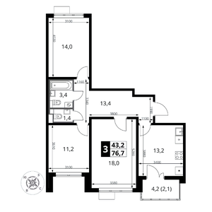 3-комнатная, 76,7 м²