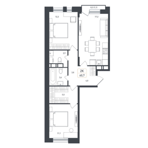 2-к квартира 60.7 м²
