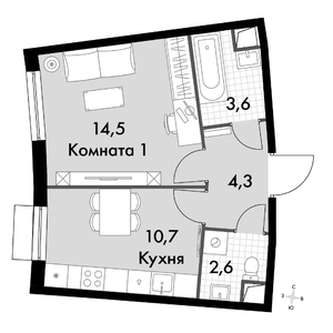 1-комнатная, 35,7 м²