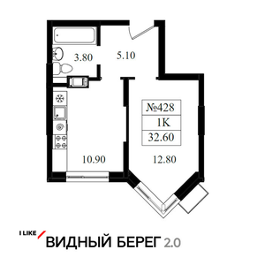 1 комнатная - 32.2 кв.м - без отделки