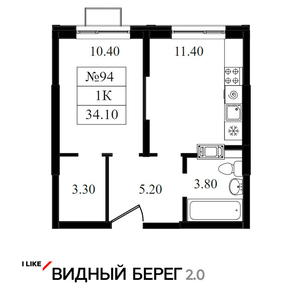 1 комнатная - 34.1 кв.м - чистовая отделка