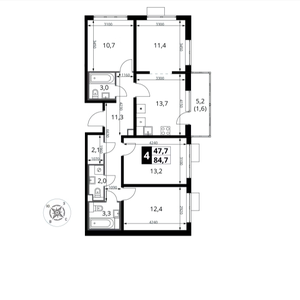 4-комнатная, 84,7 м²