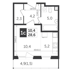 Студия, 28,6 м²