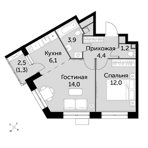 2-комнатная, 43,7 м²