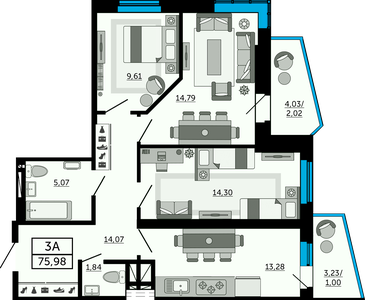 3-комнатная, 75,98 м²