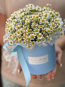 Нежная летняя композиция в шляпной коробке с танацетумом