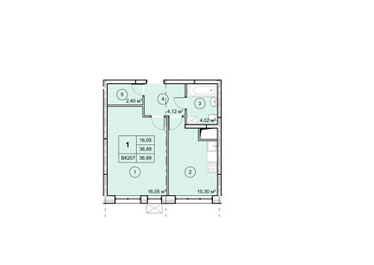 1-к. квартира - 36,89 кв.м.