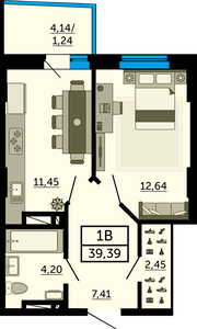 1-комнатная, 39,09 м²