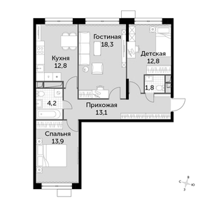 3-комнатная, 76,9 м²