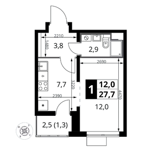 1-комнатная, 27,7 м²