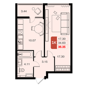 1-комнатная, 36,35 м²