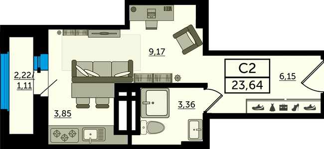 Студия, 23,64 м²