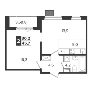 2-комнатная, 45,4 м²