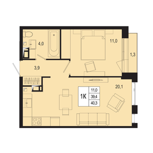 1-к. квартира 39,4 м²