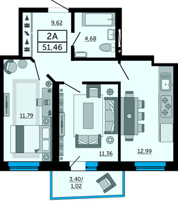 2-комнатная, 51,46 м²
