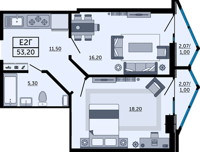 2-комнатная, 53,01 м²