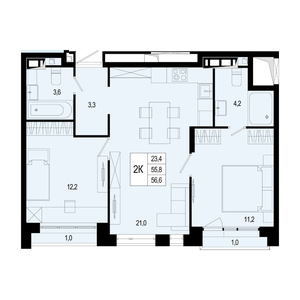 2-к квартира 55,8 м²