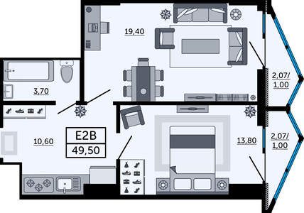2-комнатная, 49,46 м²