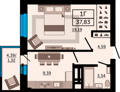1-комнатная, 37,83 м²