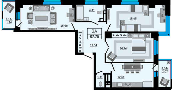 3-комнатная, 87,75 м²