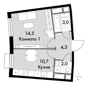 1-комнатная, 34,5 м²