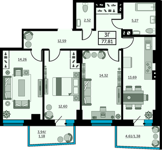 3-комнатная, 77,18 м²