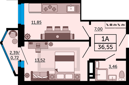 1-комнатная, 36,55 м²