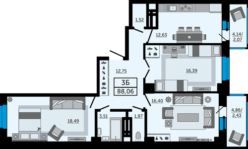 3-комнатная, 88,06 м²