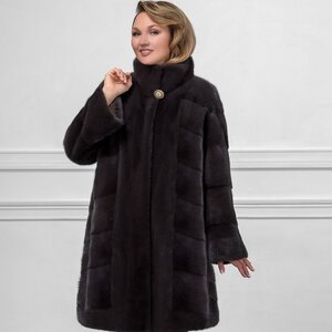 Шуба из норки цвета графит ёлочка 105см.